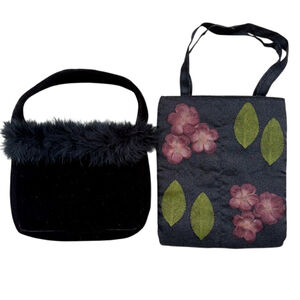 Women's Black Mini Bags (2) Blk Velvet Feather Trim & Blk Satin Floral Accents